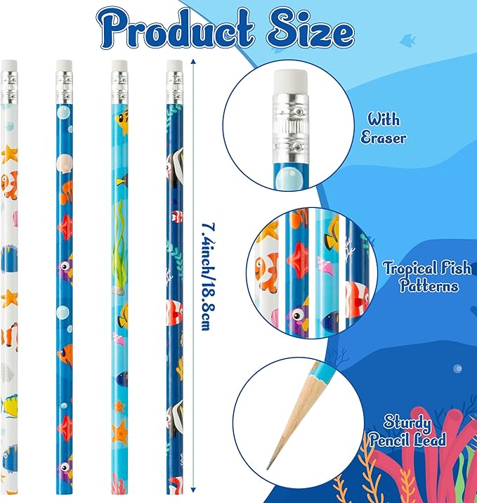 Xqumoi 60Pcs Tropical Fish Pencils with Eraser - Sea Animal #2 HB Pencils, Back to School Classroom Student Rewards, School Office Supply Bulk, Party Goodie Bag Fillers Stuffers, Birthday Party Favors