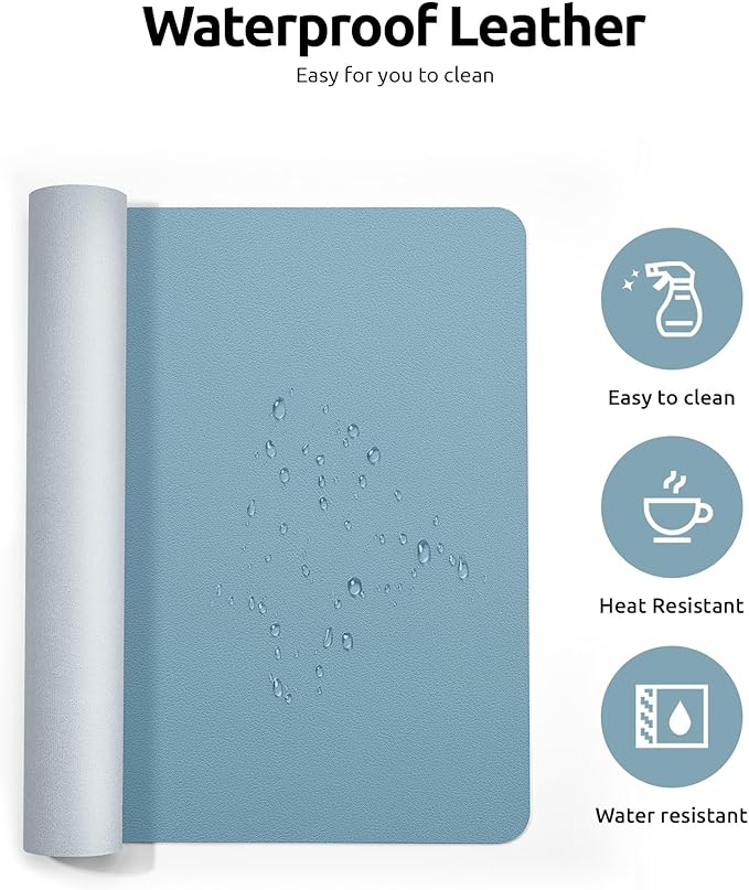 YSAGi Leather Desk Protector, Office Mat, Large Mouse Mat, Non-Slip PU Leather Blotter, Laptop Desk Pad, Waterproof Writing Pad for Office and Home (Ice Blue, 31.5" x 15.8")