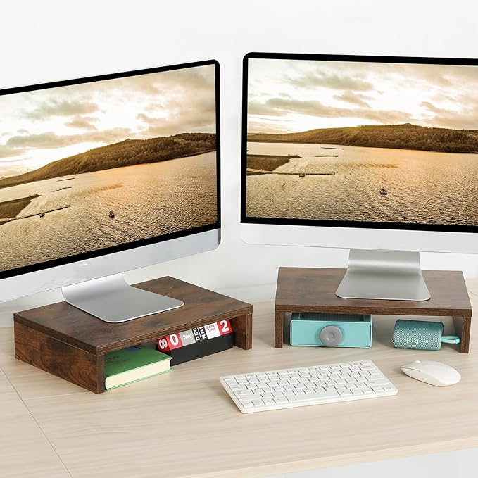 TEAMIX Monitor Riser - 2 Pack, Rustic Brown Wood Adjustable Stand for 2 Monitors/Laptop/PC