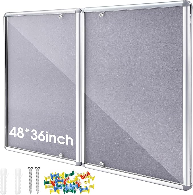 Enclosed Bulletin Board 48" x 36" Weather Resistant Lockable Notice Cork Display Board Wall Mounted 2 Locking Door for School Classroom Commercial Christmas, 12 x A4(Gray, Silver Frame)