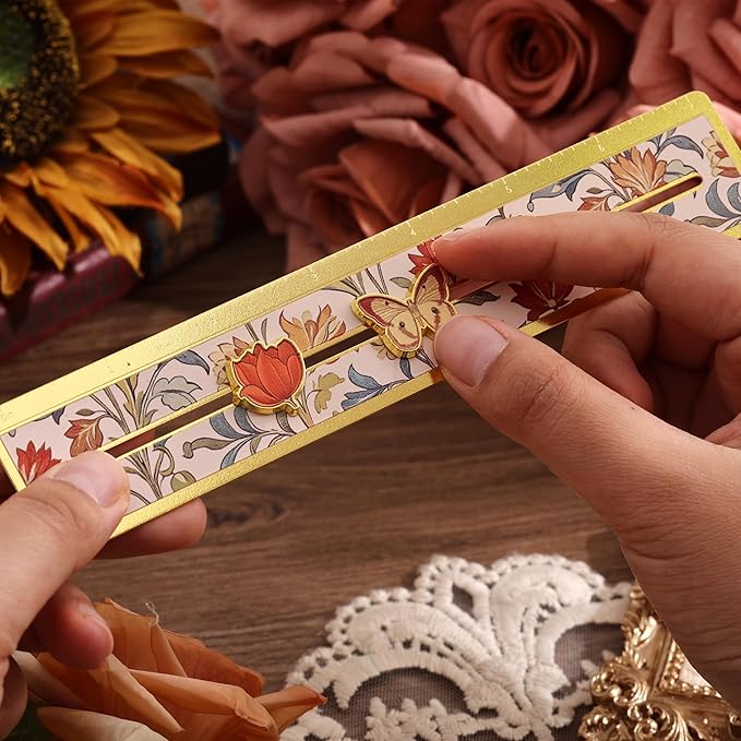 Metal Straight Edge Ruler, 7 Inch Scale, Vintage Floral Design & Movable Flower & Butterfly Slider, and Envelope, Ideal Christmas & New Year Gift for Book Lovers, Readers, Women, Teenage, Studen