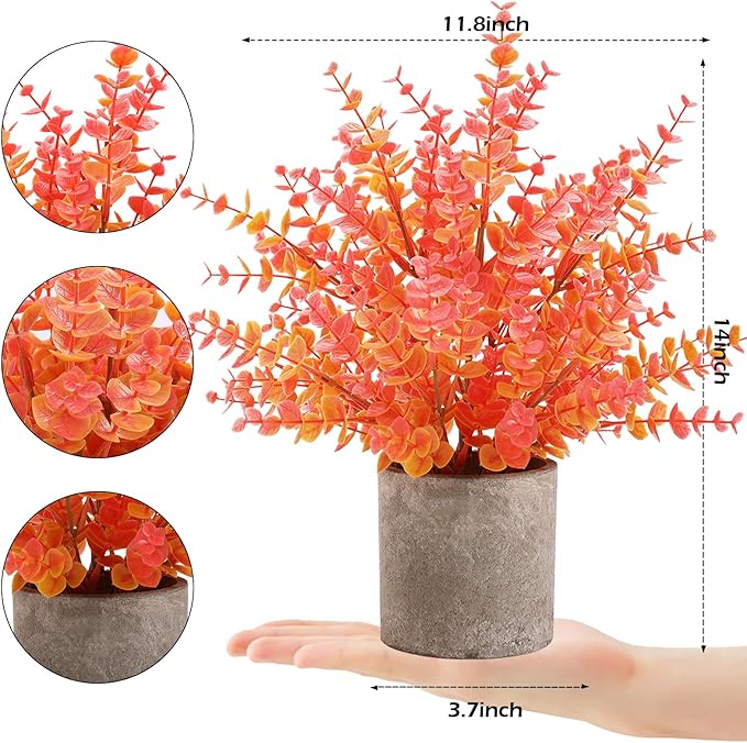 2 Pack Fall Small Fake Plants 14" Eucalyptus Potted Artificial Plants Fall Decorations for Home Shelf Office Bathroom Desk Farmhouse Room Coffee Table Decor Fall Decor (Fall Orange-Large)