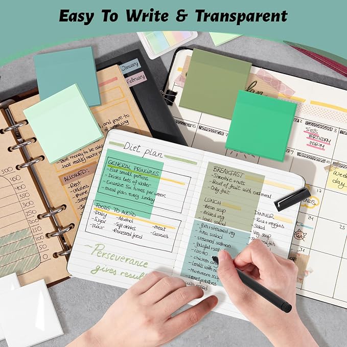 ‎SYMDROMIA Transparent Sticky Notes, 3"x3" Clear Post Translucent Sticky Notes with See Through Self-Adhesive Sticky Pads for Office School College Supplies, 800 Sheets Forest Green