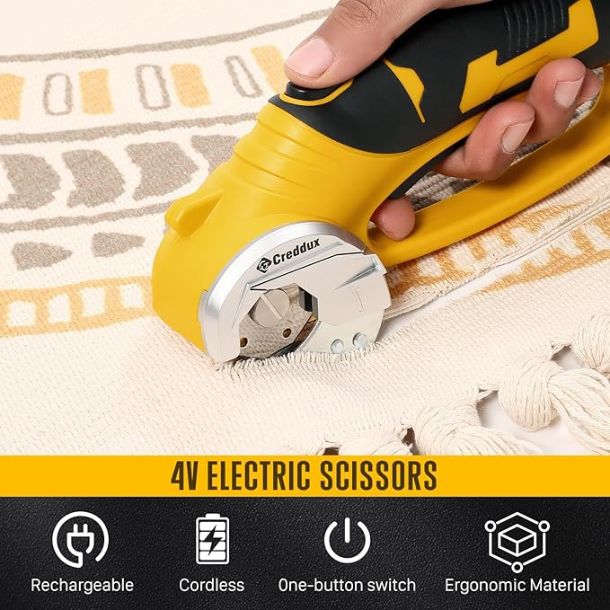 4v Cordless Electric Scissors, Electric Box Cutter With LED Light and Safety Lock, Cardboard Cutter, Rotary Cutter for Cardboard Leather Carpet Plastic Yellow