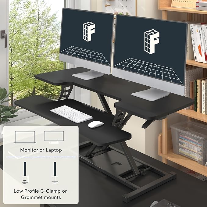FLEXISPOT Standing Desk Converter 42-inch Spacious Sit to Stand up Dual Monitor and Laptop Riser, Big Size Tabletop Workstation with Large Keyboard Tray, Black