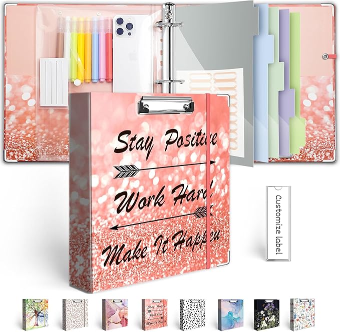 3 Ring Binder 2 Inch, Three Ring Binders Organizer with Clipboard, 5-Tabs Pockets Dividers, Plastic Folder, 18 Divider Stikers, BVSSX Pink Decorative Binder with Pen Loop (Stay Positive, Letter Size)