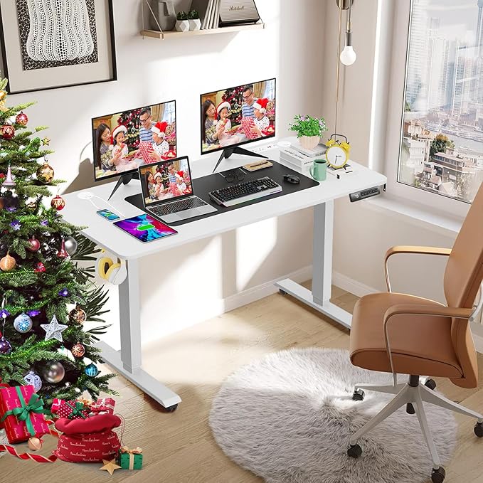 farexon Electric Standing Desk Adjustable Height, 63 x 24In with Outlets and USB Ports, Stand up Desk with 39x18in Mouse Pad, Dual Beam Structure, 4 Wheels,4 Memory Heights Easy to Set(White)