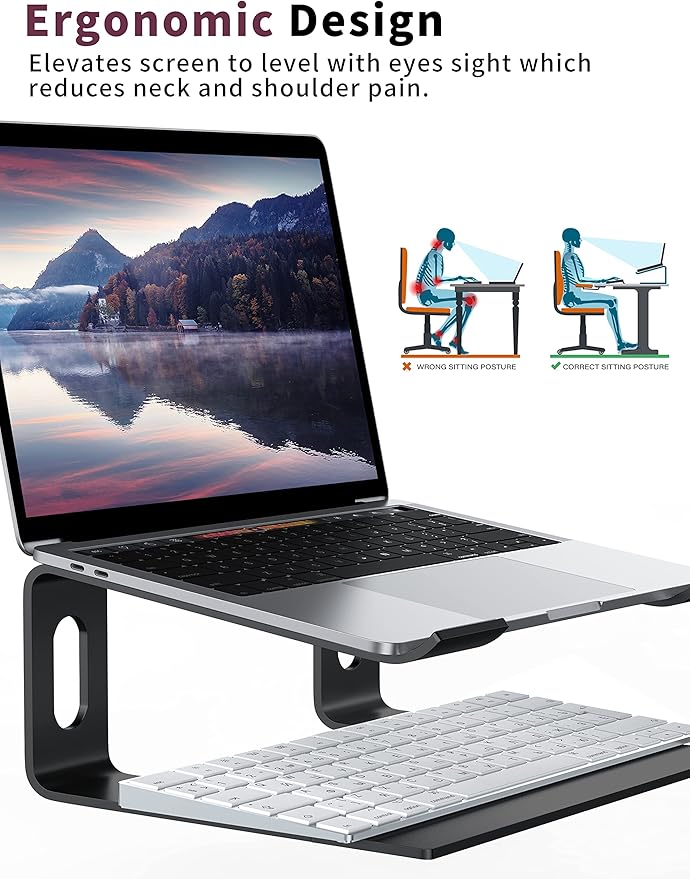 ALASHI Laptop Stand for Desk, Aluminum Computer Riser, Ergonomic Notebook Holder, Detachable Metal Laptops Elevator, PC Cooling Mount Support 10 to 15.6 Inches Notebook, Black
