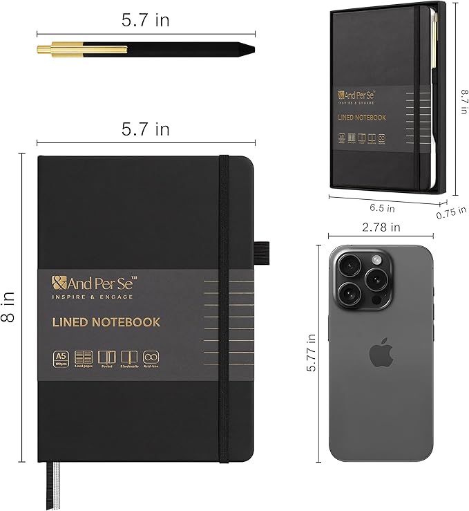 &And Per Se Lined Journal and Pen Set, A5 Hardcover Notebook, 160 Pages 100GSM Thick Paper-Gifts for Men Women, for Work, Business, School or Home Writing (Black)