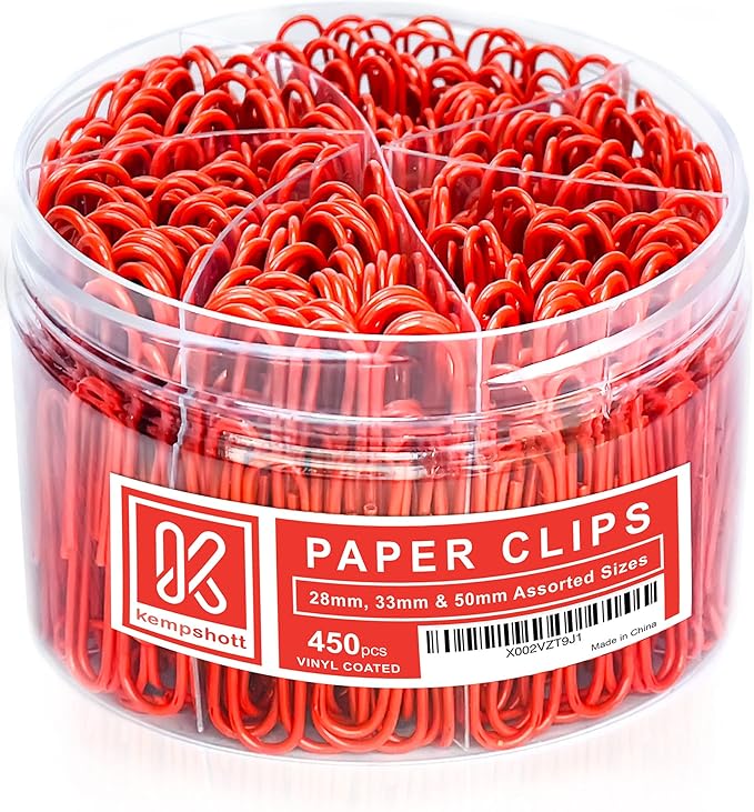 450 Red Color Paper Clips Assorted Sizes Small, Medium and Large Paper Clips for Paperwork Ideal for Home, School and Office Use (Assorted, Red)