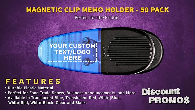 50 Magnetic Memo Holders Set - Customizable Text, Logo - Large Clip, Plastic - TBlue