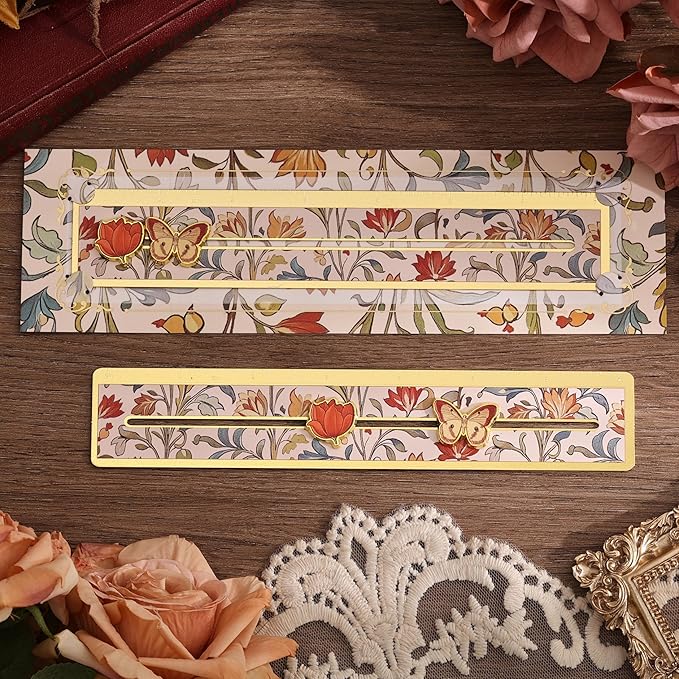 Metal Straight Edge Ruler, 7 Inch Scale, Vintage Floral Design & Movable Flower & Butterfly Slider, and Envelope, Ideal Christmas & New Year Gift for Book Lovers, Readers, Women, Teenage, Studen