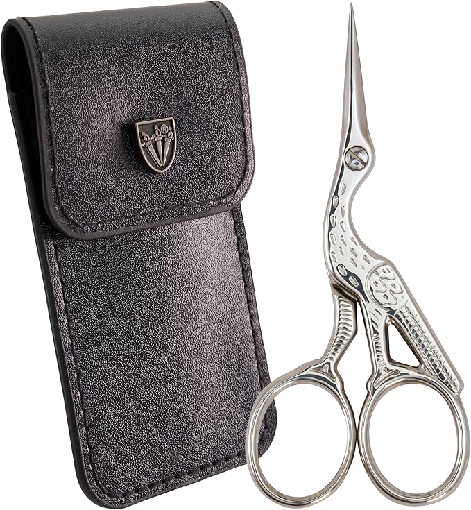 3 Swords Germany - Embroidery Scissors, Stork Scissors Shears for Art Work, Daily Use in Household, Sewing, Art Work, Craft with black Synthetic Leather case