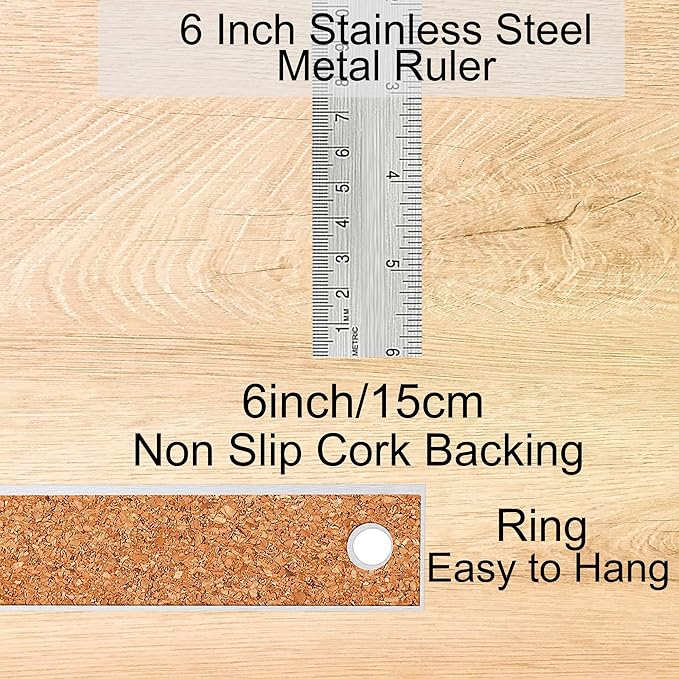 Metal Ruler 6 Inch:[2 Pieces 6 Inch] Non-Slip Cork Backing Rulers with Inch and Centimeters Prevent Ink Leakage:for School Office Drawing Engineering