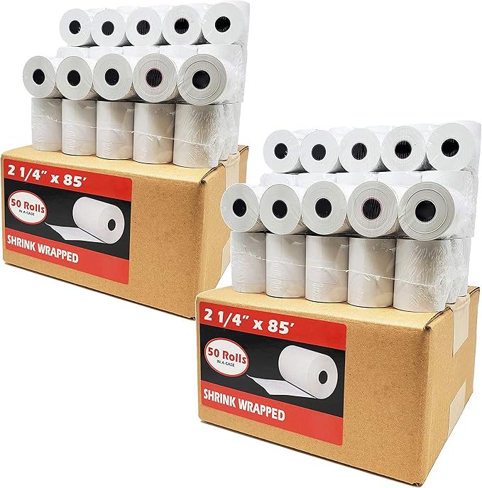 (100 Rolls) 2 1/4 x 85 Thermal Paper Receipt Rolls 2.25 x 85 ft, 55 GSM Premium Quality German Paper Fits All Credit Card Terminals Verifone VX510 VX570 FD50 BPA Free from BuyRegisterRolls
