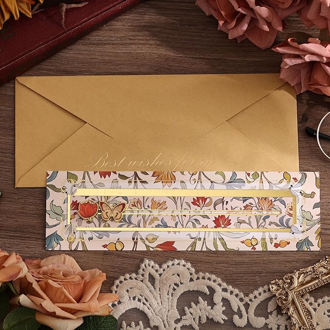 Metal Straight Edge Ruler, 7 Inch Scale, Vintage Floral Design & Movable Flower & Butterfly Slider, and Envelope, Ideal Christmas & New Year Gift for Book Lovers, Readers, Women, Teenage, Studen