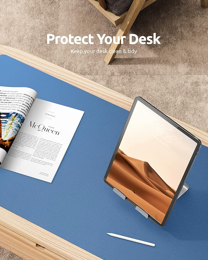 YSAGi Leather Desk Protector, Office Mat, Large Mouse Mat, Non-Slip PU Leather Blotter, Laptop Desk Pad, Waterproof Writing Pad for Office and Home (Sea Blue, 31.5" x 15.8")