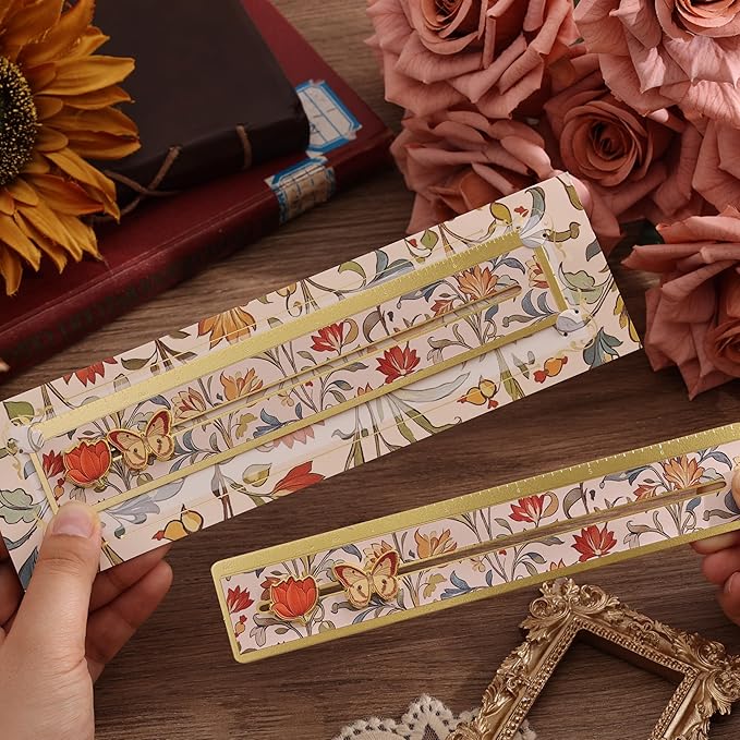 Metal Straight Edge Ruler, 7 Inch Scale, Vintage Floral Design & Movable Flower & Butterfly Slider, and Envelope, Ideal Christmas & New Year Gift for Book Lovers, Readers, Women, Teenage, Studen