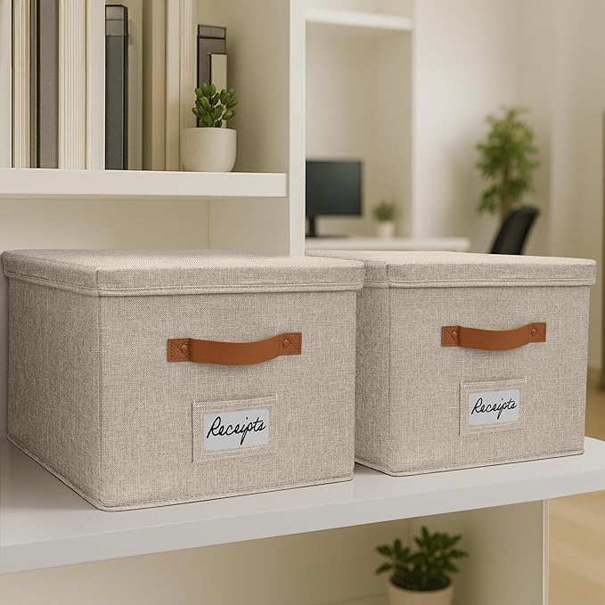 ZICOTO Decorative File Organizer Box Set of 2 - Collapsible Linen Filing Cabinets w/Handles Are Perfect to Store all Your Documents & Hanging File Folders - Portable Easy Slide Crates with Lid