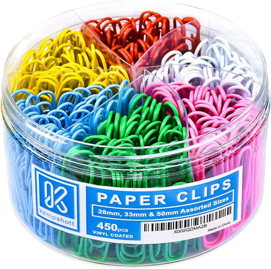 450 Color Paper Clips Assorted Sizes Small, Medium and Large Paper Clips for Paperwork Ideal for Home, School and Office Use (Assorted, Multicolored)