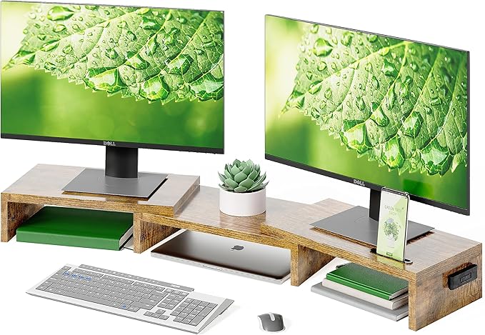 BONTEC Dual Monitor Stand Riser with Smartphone Holder, Adjustable Length & Swivel Angle, Ergonomic Wooden Desktop Organizer for PC Monitor, Laptop, Printer, Large Storage, White