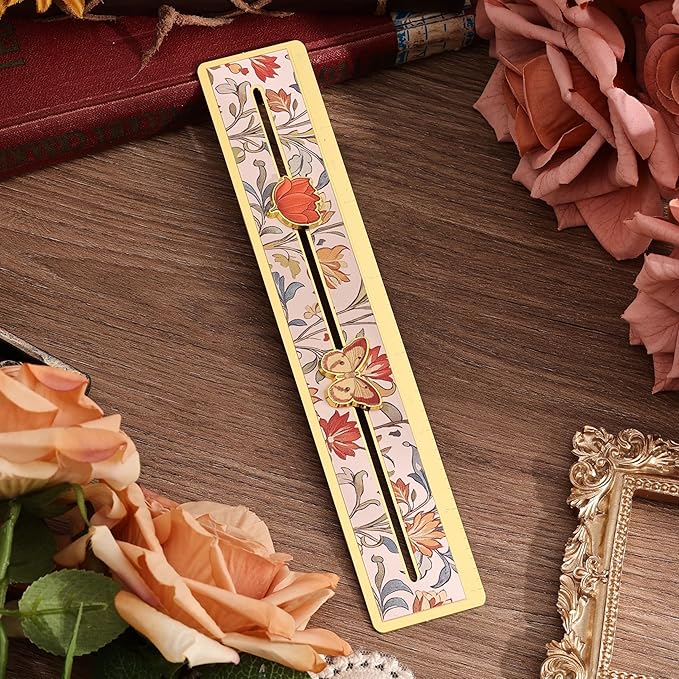 Metal Straight Edge Ruler, 7 Inch Scale, Vintage Floral Design & Movable Flower & Butterfly Slider, and Envelope, Ideal Christmas & New Year Gift for Book Lovers, Readers, Women, Teenage, Studen