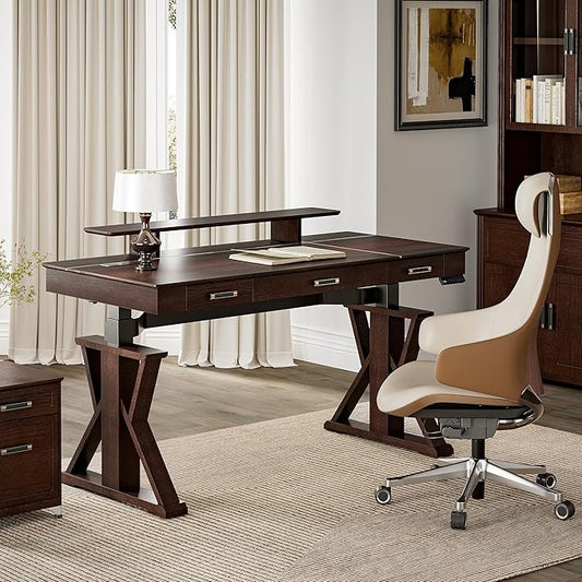 EUREKA ERGONOMIC Ark SWS Standing Desk, 63 inch Executive Desk w Drawers,Modern X-Shaped Leg Luxury Home Office Computer Desk w Monitor Stand,Colorblock Smoked Oak