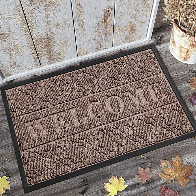 Yimobra Welcome Mat Outdoor Indoor 29.5x17, All-Weather Waterproof Outdoor Mats for Front Door, Non-Slip Low Profile Porch Patio Doormat, Coffee