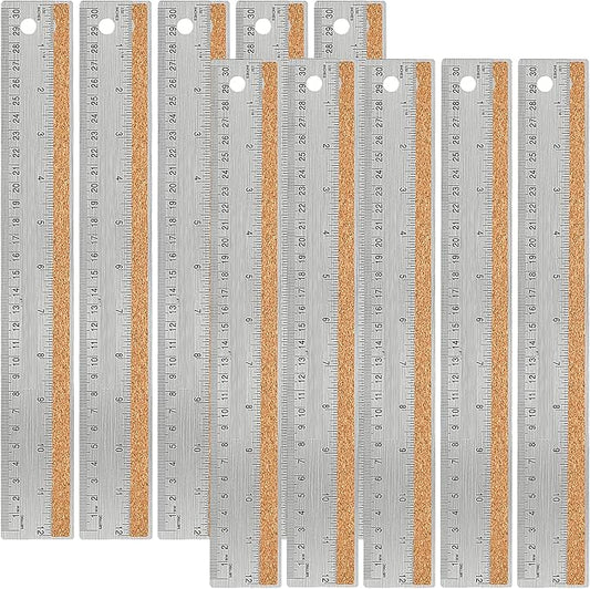Stainless Steel Metal Ruler:[10 Pieces 12 Inch] Stainless Steel Metal Ruler with Cork Backing Non-Slip Rulers with Inch and Centimeters Metal Ruler Drafting Office Tools Prevent Ink Leakage