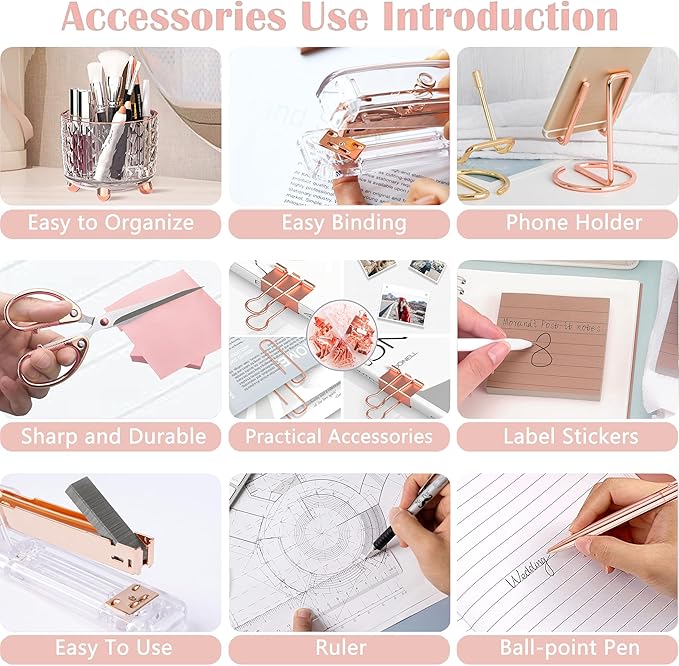 Rose Gold Desk Accessories, Office Supplies Desk Organizers 360°Pen Holder Acrylic Stapler Set, Phone Holder, Ballpoint Pen, Scissor, Binder Clips, Ruler, Transparent Glue, Sticky Note and Staples.
