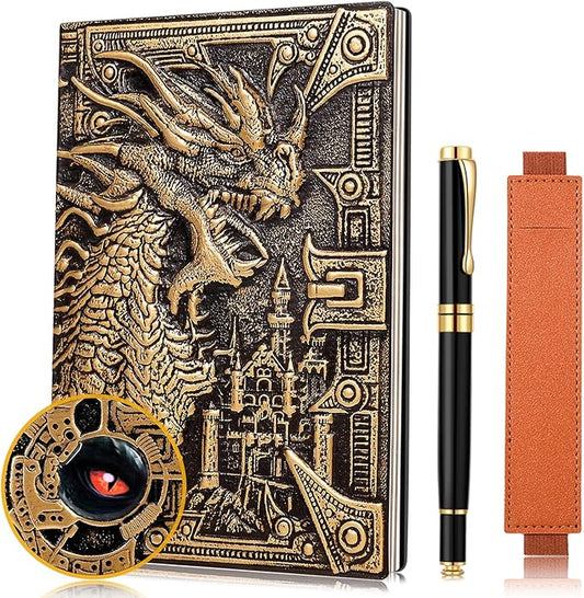 Vintage Dragon Embossed Leather Notebook DND Notebook Travel Journal with Black Ballpoint Pen and Pen Sleeve.Antique Handmade A5 Journal,Hardcover Liner,Writing Notebook Gift for Men&Women(Bronze)
