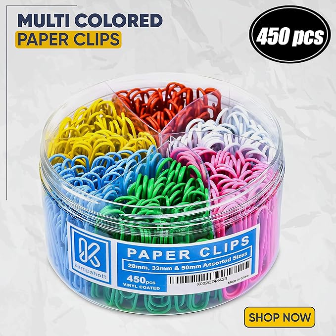 450 Color Paper Clips Assorted Sizes Small, Medium and Large Paper Clips for Paperwork Ideal for Home, School and Office Use (Assorted, Multicolored)