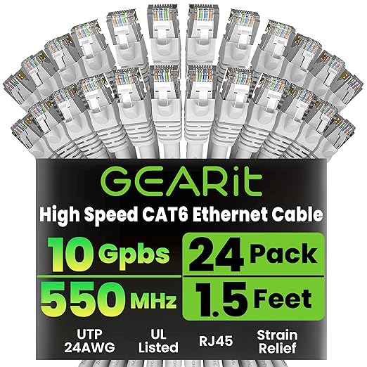 GearIT Cat 6 Ethernet Cable (24-Pack 1.5 Feet) Cat6 Network Patch, 10Gbps, RJ45, Snagless Cord, Gold-Plated Connectors, Internet for PC, TV, Tablet, Router, Printer, Servers, IT Data Center - White