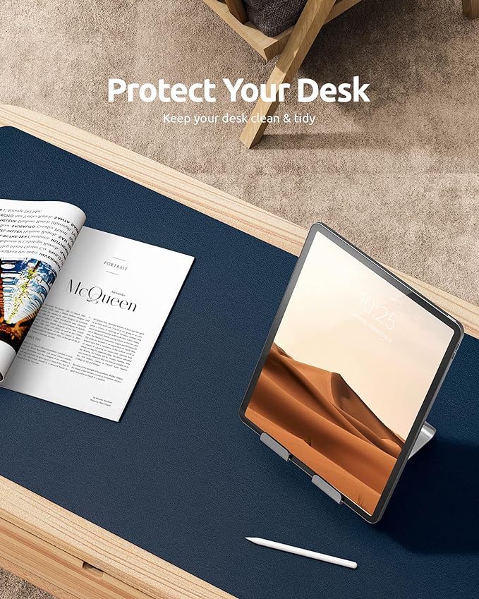 YSAGi Leather Desk Protector, Office Mat, Large Mouse Mat, Non-Slip PU Leather Blotter, Laptop Pad, Waterproof Writing Pad for Office and Home (Dark Blue, 35.4" x 17")