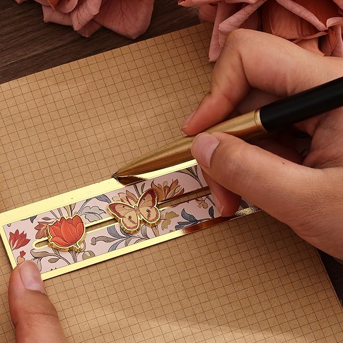 Metal Straight Edge Ruler, 7 Inch Scale, Vintage Floral Design & Movable Flower & Butterfly Slider, and Envelope, Ideal Christmas & New Year Gift for Book Lovers, Readers, Women, Teenage, Studen