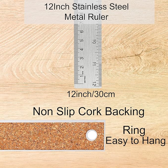 Stainless Steel Metal Ruler:[10 Pieces 12 Inch] Stainless Steel Metal Ruler with Cork Backing Non-Slip Rulers with Inch and Centimeters Metal Ruler Drafting Office Tools Prevent Ink Leakage
