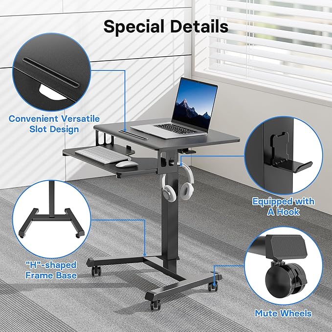 BONTEC Mobile Standing Desk with Keyboard Tray, Mobile Podium, Rolling Laptop Sit Stand Desk on Wheels, Adjustable Height Desk Up to 33lbs, Portable Computer Workstation Cart for Living Room, Office