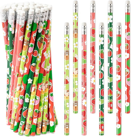Xqumoi 60Pcs Strawberry Pencils with Eraser - Cute Fruit Theme #2 HB Pencils, School Classroom Student Rewards Back to School Office Supply Party Goodie Bag Fillers Stuffers Birthday Party Favors