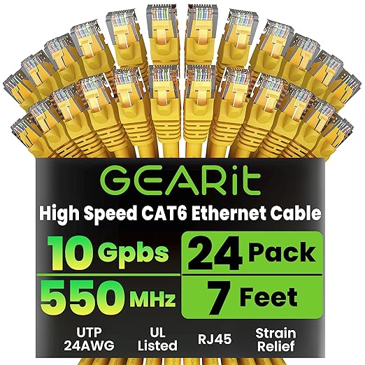 GearIT Cat 6 Ethernet Cable (24-Pack 7 Feet) Cat6 Network Patch, 10Gbps, RJ45, Snagless Cord, Gold-Plated Connectors, Internet for PC, TV, Tablet, Router, Printer, Servers, IT Data Center - Yellow