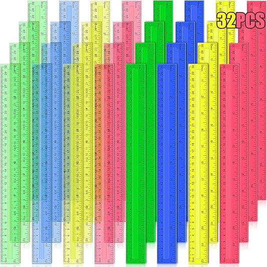 12 Inch Plastic Rulers, 32 PCS Transparent Assorted Color Metric Bulk Rulers with Inches Centimeters Millimeter. Measuring Drawing Tool for Kids, Ideal Back to School Office Home Supplies