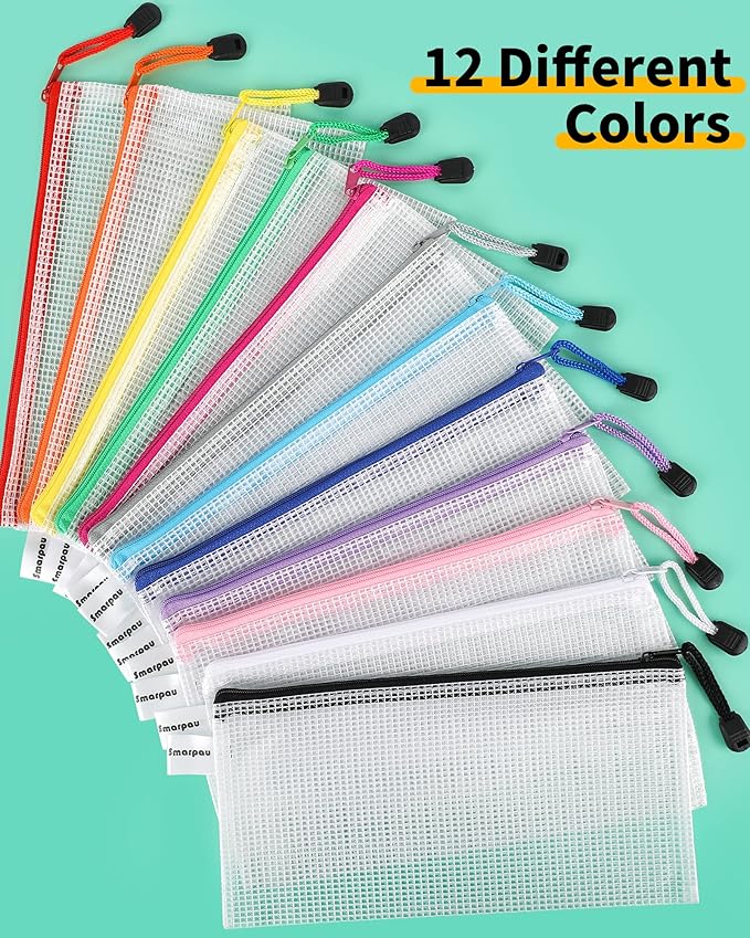 Smarpau 24PCS Pencil Pouches Bulk, 9.3" x 4.7"Mesh Zipper Pouch Pencil Case, 12 Colors Waterproof Small Zipper Pouches for Travel, Cosmetics, Office Organization