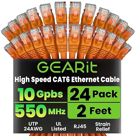 GEARit Cat 6 Ethernet Cable (24-Pack 2 Feet) Cat6 Network Patch, 10Gbps, RJ45, Snagless Cord, Gold-Plated Connectors, Internet for PC, TV, Tablet, Router, Printer, Servers, IT Data Center - Orange